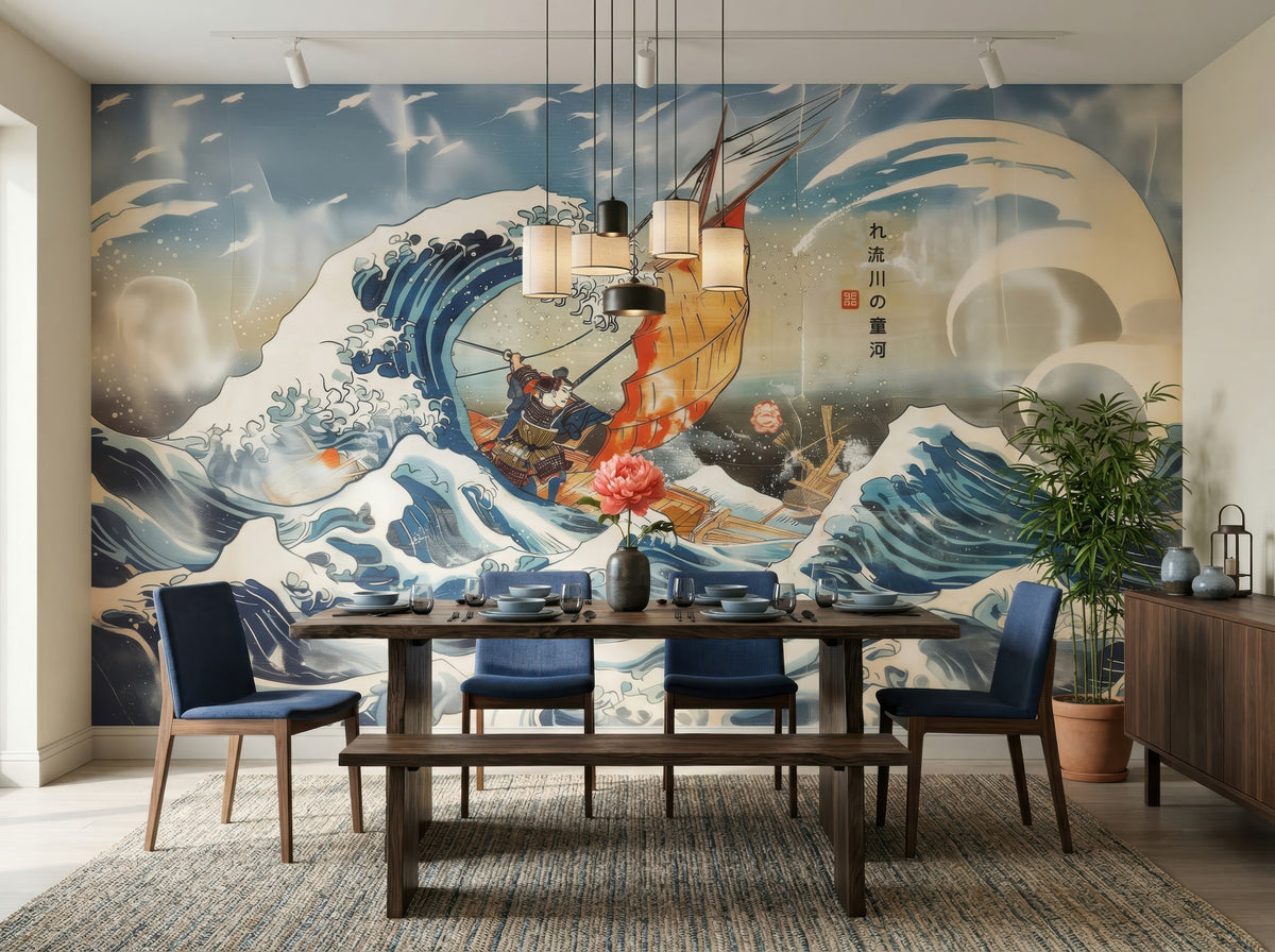 Japanese Inspired Waves & Sailboat wallpaper in a styled room, view 2
