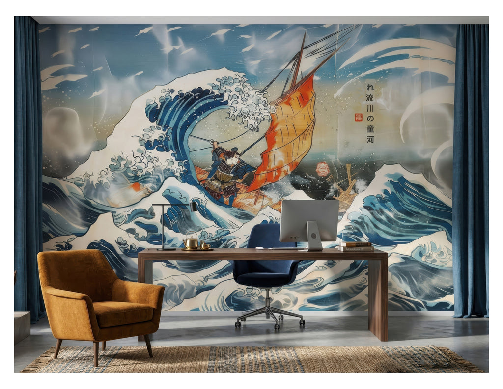 Japanese Inspired Waves & Sailboat wallpaper in a styled room, view 3