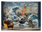 Japanese Inspired Waves & Sailboat wallpaper in a styled room, view 3