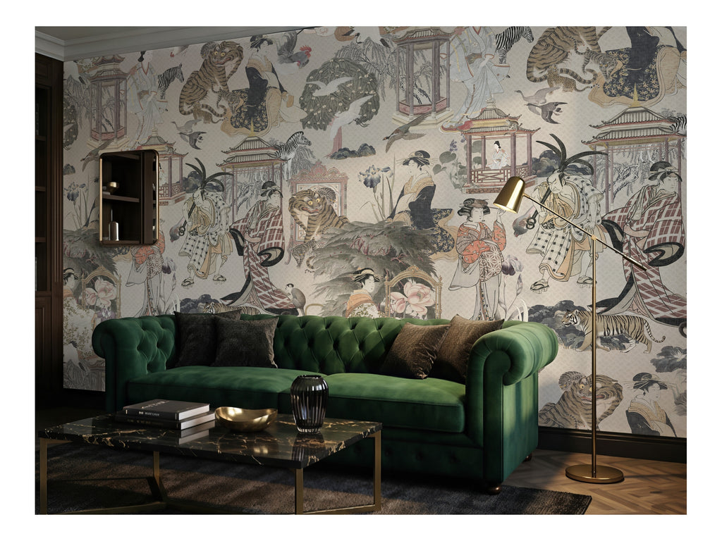 Vintage Japanese Garden & Birds wallpaper in a styled room, view 1