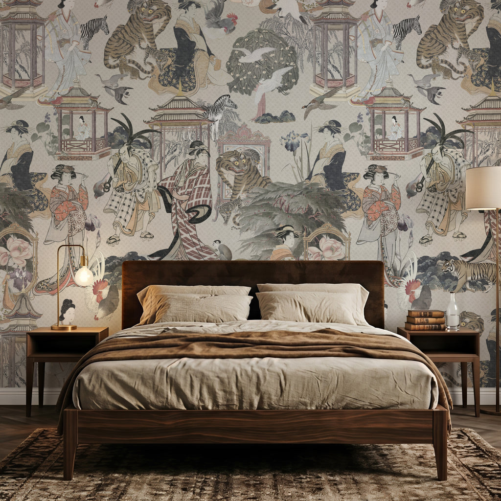 Vintage Japanese Garden & Birds wallpaper in a styled room, view 2