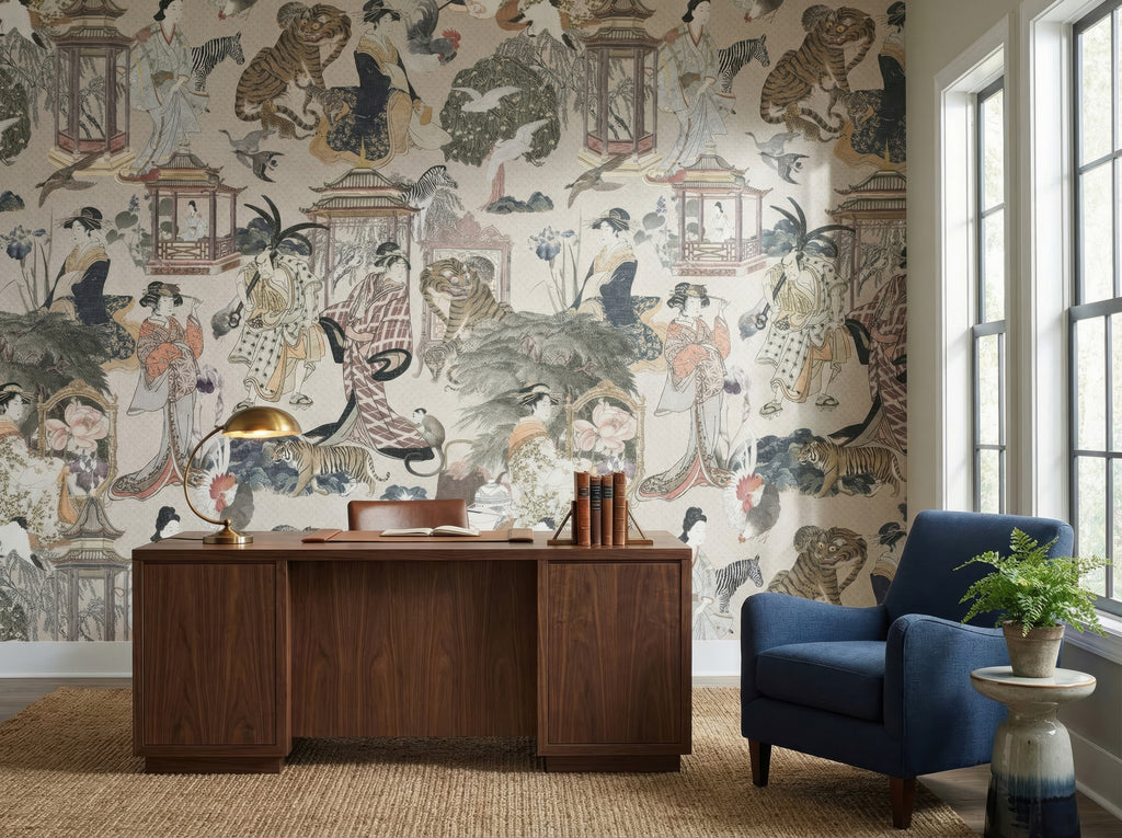 Vintage Japanese Garden & Birds wallpaper in a styled room, view 3