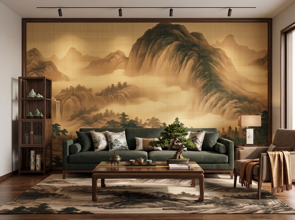 Golden Misty Mountain Landscape wallpaper in a styled room, view 1