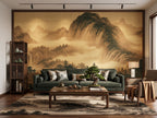 Golden Misty Mountain Landscape wallpaper in a styled room, view 1