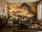 Golden Misty Mountain Landscape wallpaper in a styled room, view 2