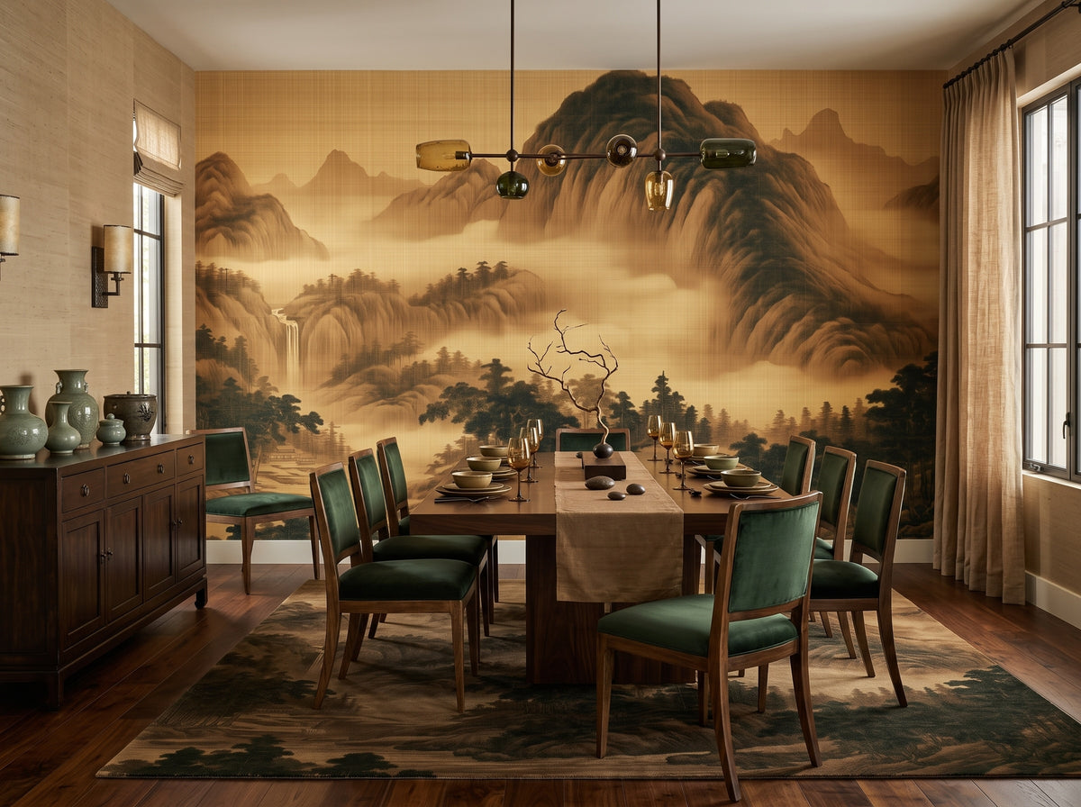 Golden Misty Mountain Landscape wallpaper in a styled room, view 2