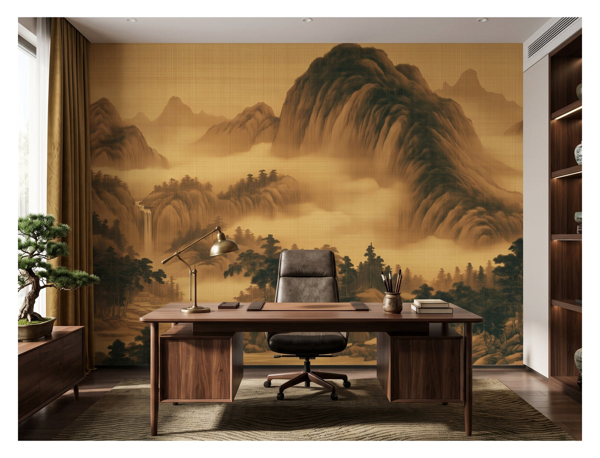 Golden Misty Mountain Landscape wallpaper in a styled room, view 3