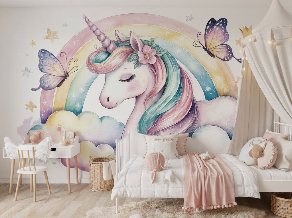 Pastel Unicorn & Rainbow wallpaper in a styled room, view 2
