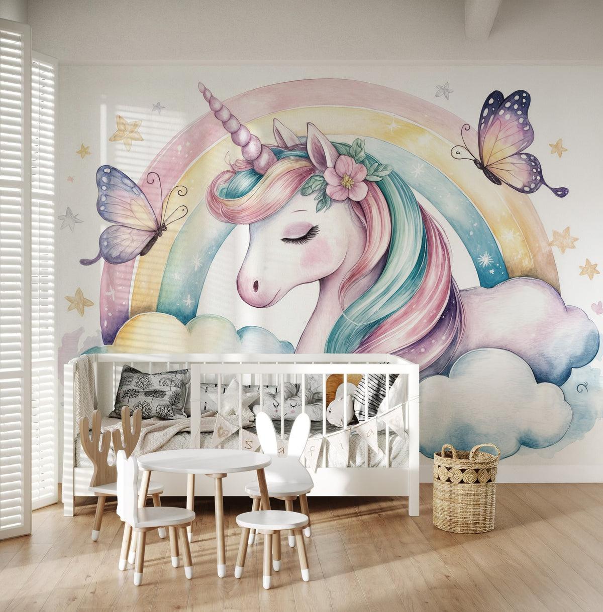Pastel Unicorn & Rainbow wallpaper in a styled room, view 3