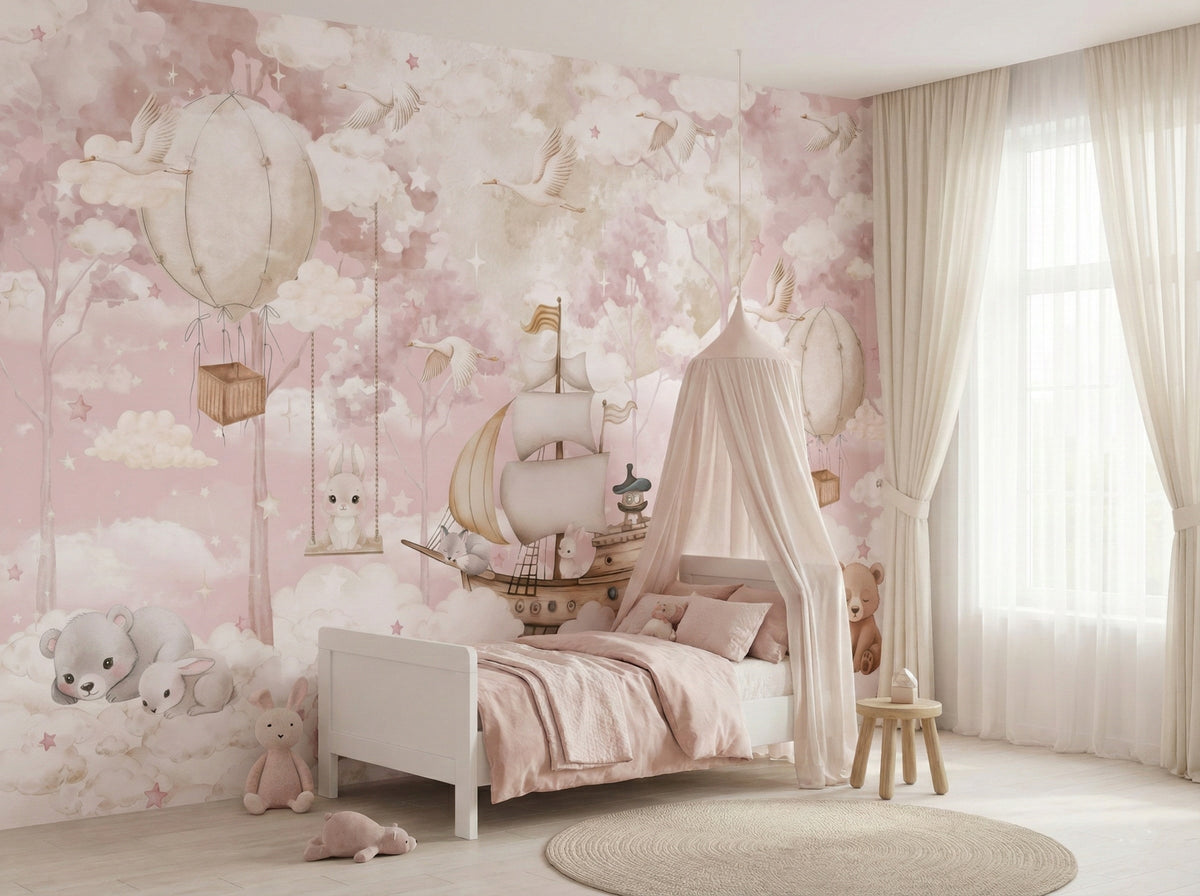 Pink Flying Ship & Balloons wallpaper in a styled room, view 2