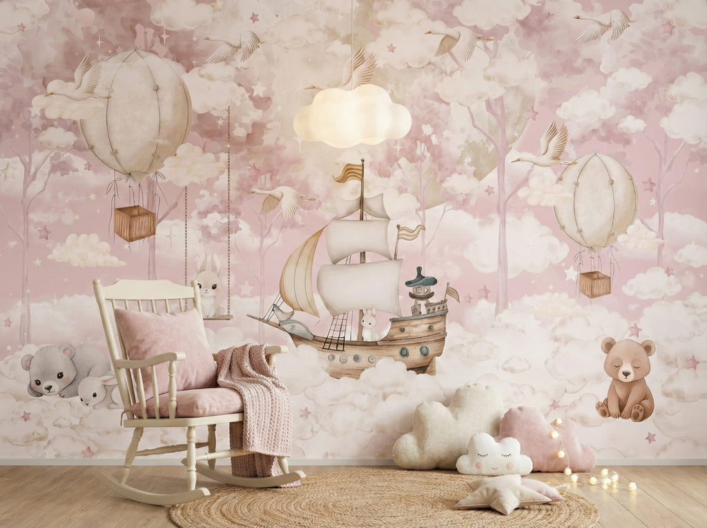 Pink Flying Ship & Balloons wallpaper in a styled room, view 3