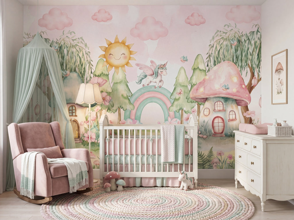 Rainbow & Mushroom Forest wallpaper in a styled room, view 1