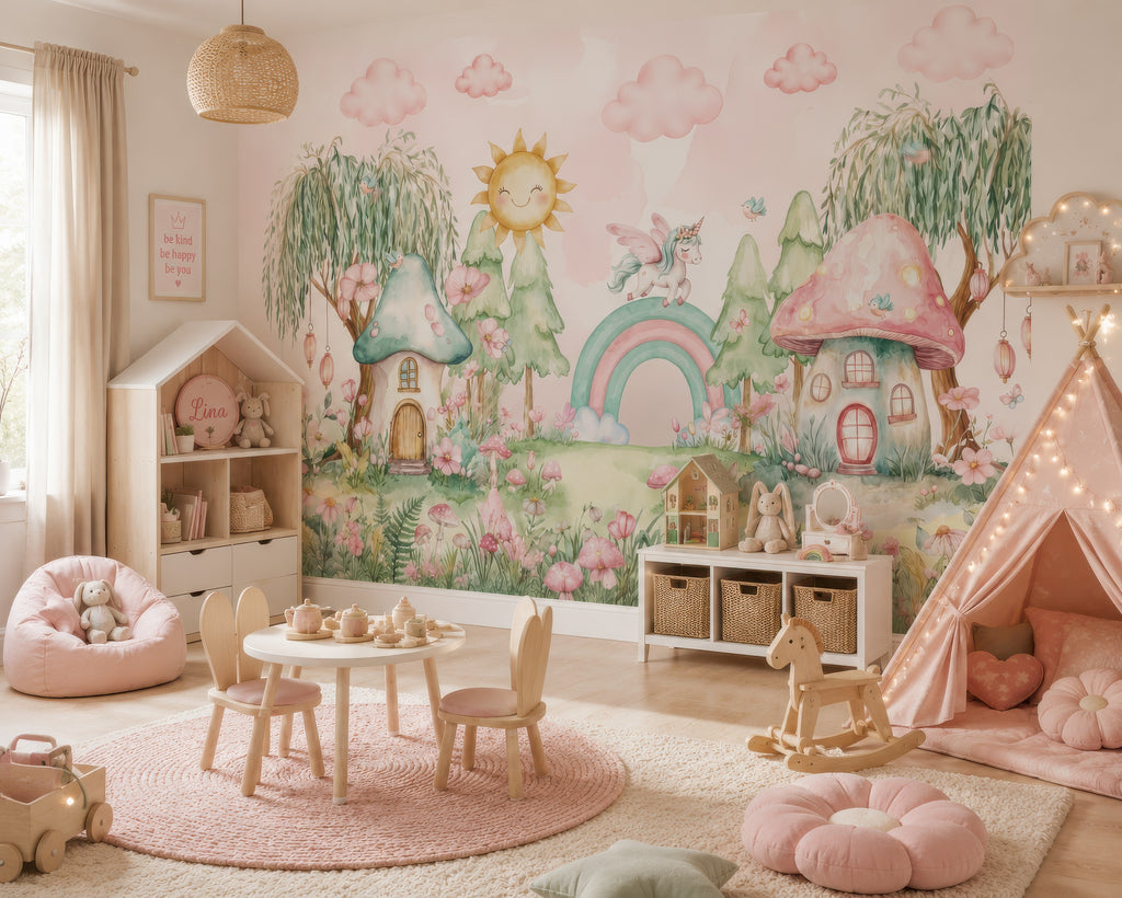 Rainbow & Mushroom Forest wallpaper in a styled room, view 2