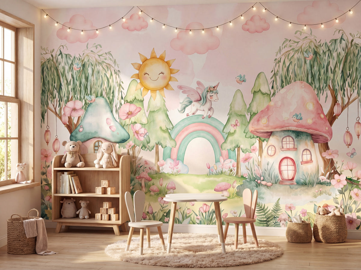 Rainbow & Mushroom Forest wallpaper in a styled room, view 3