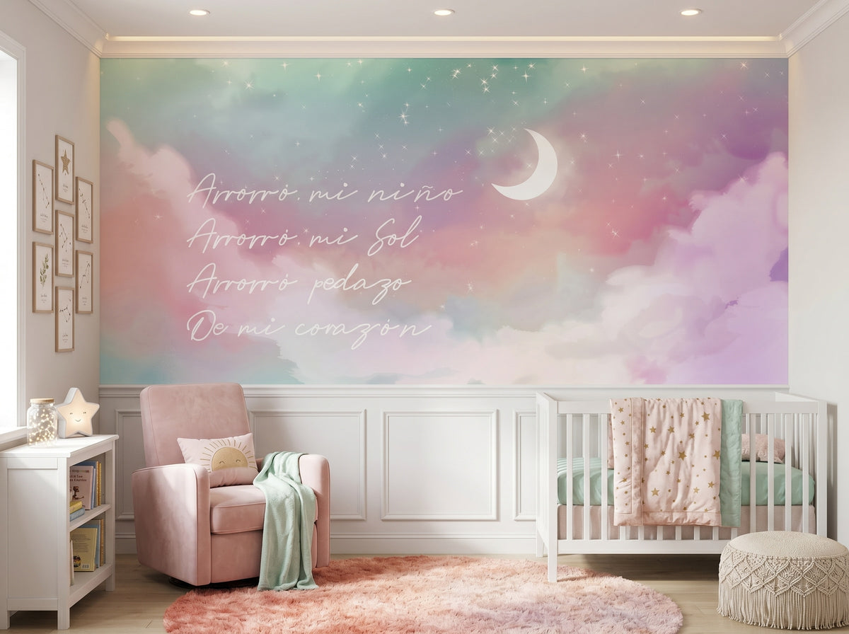 Pastel Moon, Stars & Clouds wallpaper in a styled room, view 1