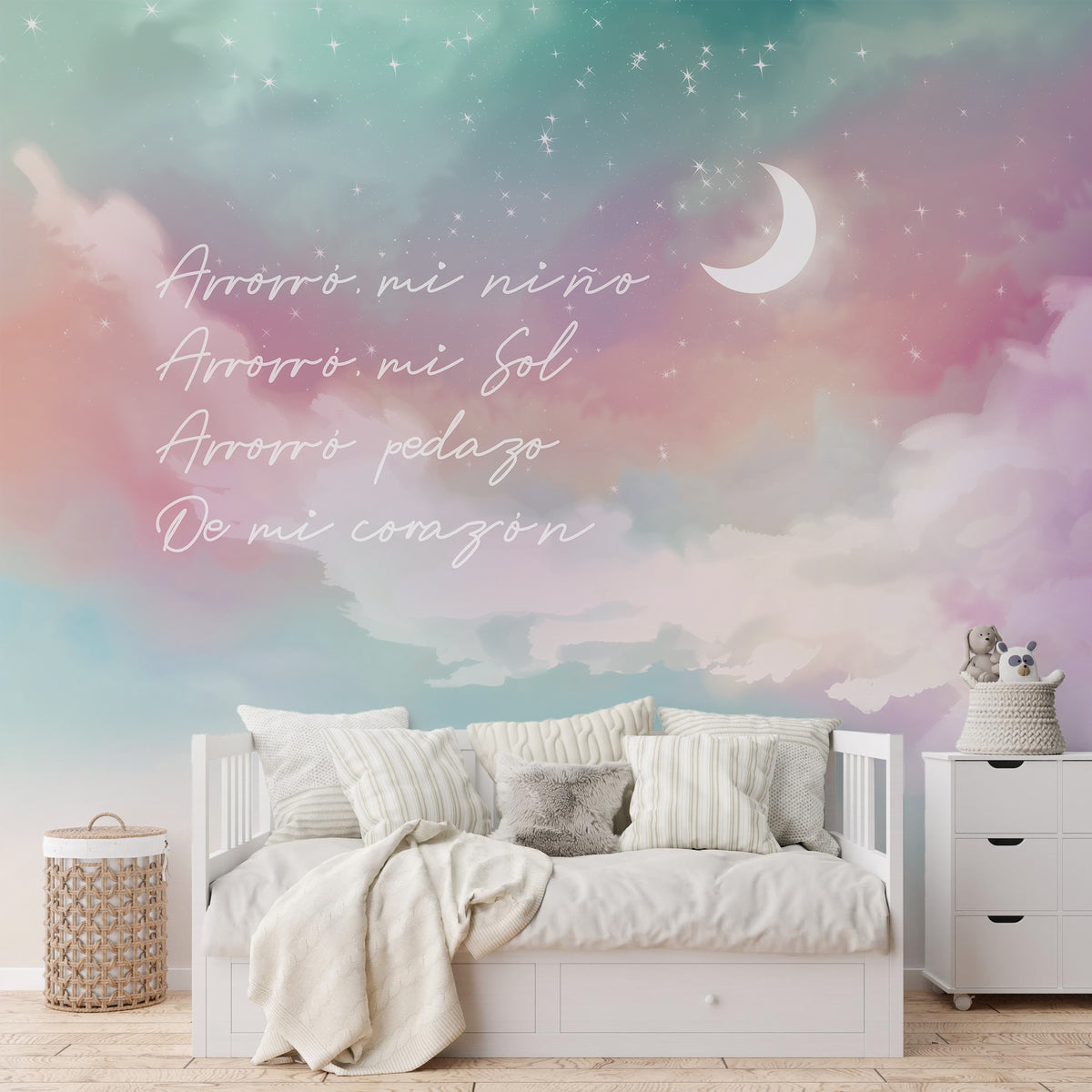 Pastel Moon, Stars & Clouds wallpaper in a styled room, view 2
