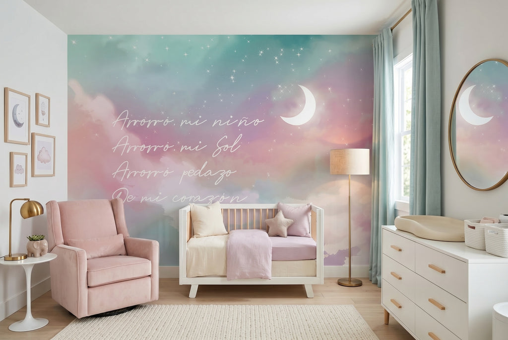Pastel Moon, Stars & Clouds wallpaper in a styled room, view 3