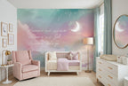 Pastel Moon, Stars & Clouds wallpaper in a styled room, view 3