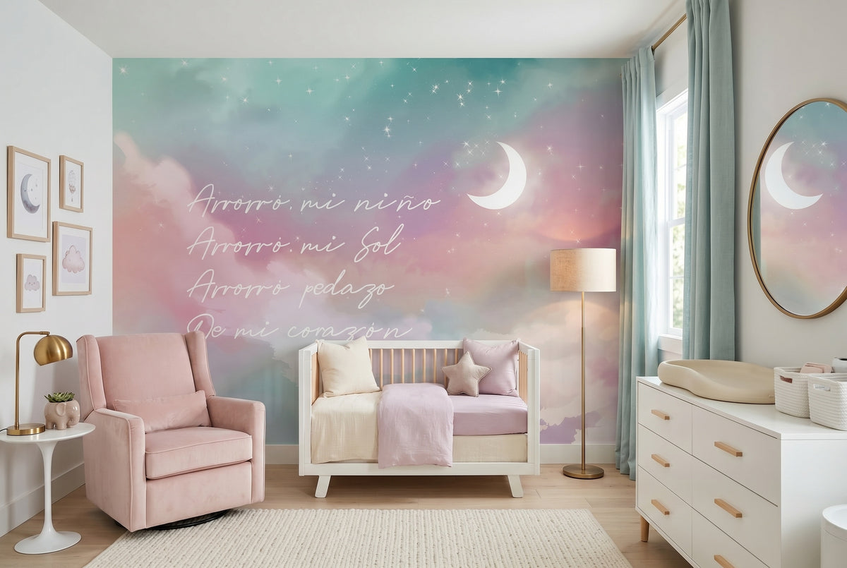Pastel Moon, Stars & Clouds wallpaper in a styled room, view 3