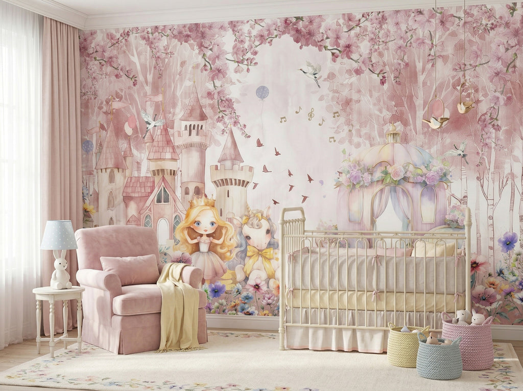 Pink Castle & Fairytale Garden wallpaper in a styled room, view 1