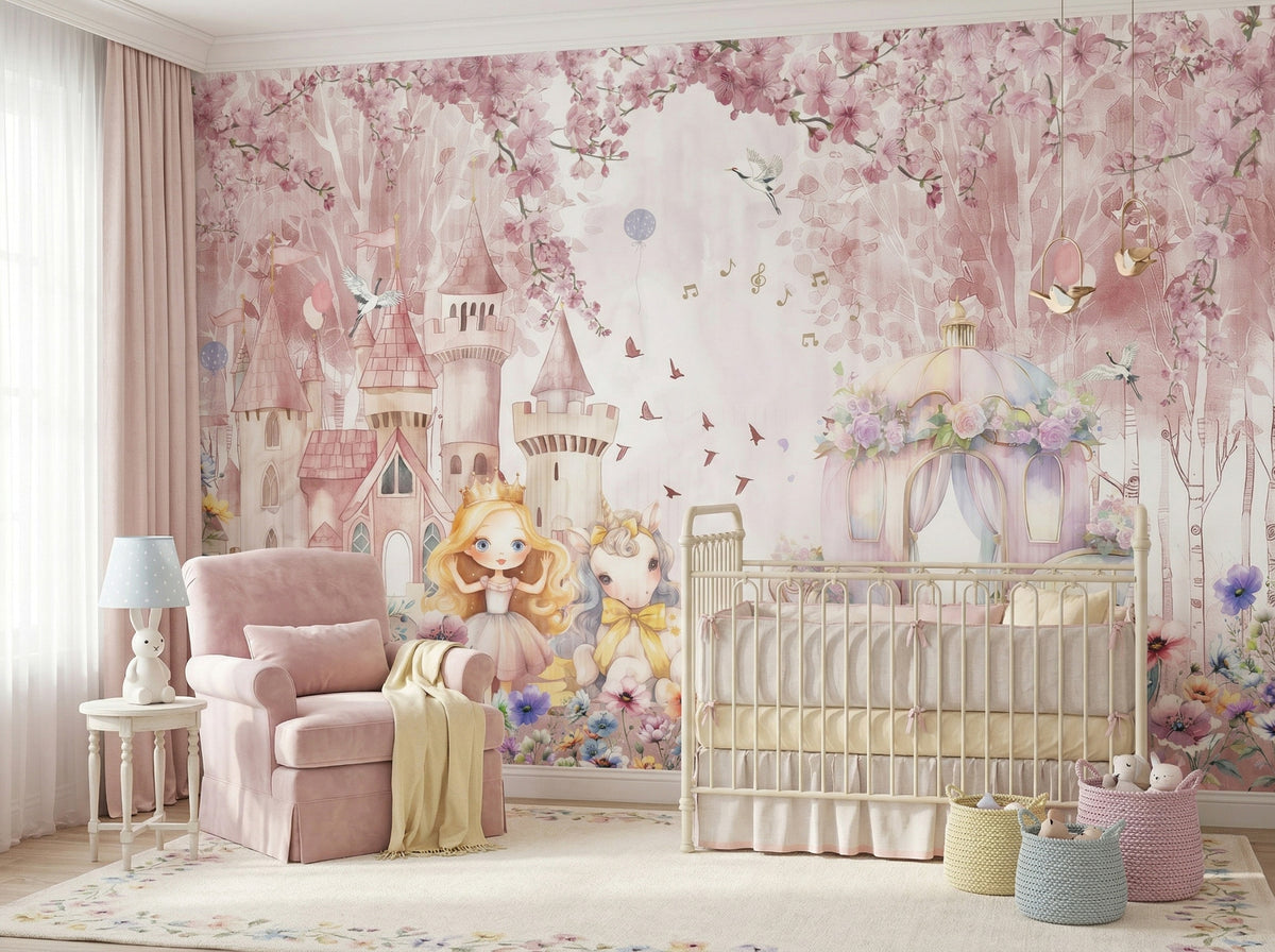 Pink Castle & Fairytale Garden Wall Mural in a styled room