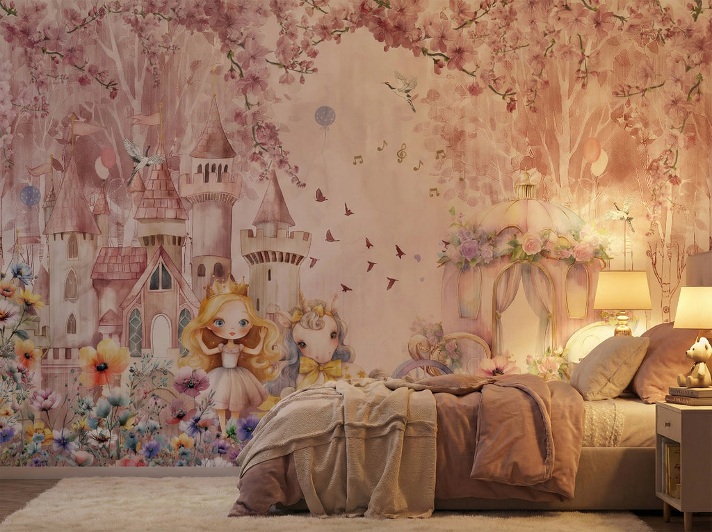 Pink Castle & Fairytale Garden wallpaper in a styled room, view 3