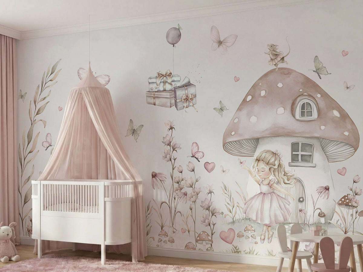 Pastel Mushroom Fairy Garden wallpaper in a styled room, view 1