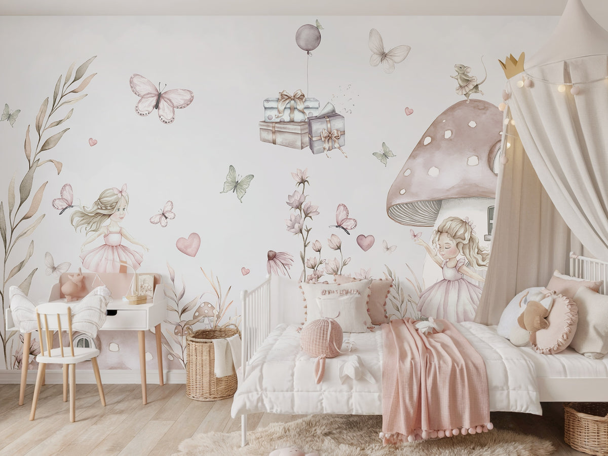 Pastel Mushroom Fairy Garden wallpaper in a styled room, view 2