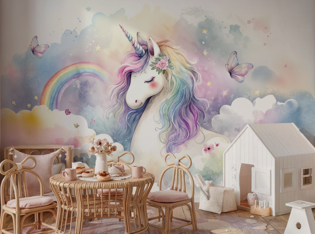 Watercolor Unicorn & Rainbow Clouds wallpaper in a styled room, view 1