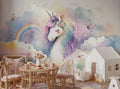 Watercolor Unicorn & Rainbow Clouds wallpaper in a styled room, view 1