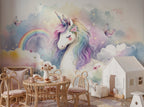 Watercolor Unicorn & Rainbow Clouds wallpaper in a styled room, view 1