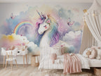 Watercolor Unicorn & Rainbow Clouds wallpaper in a styled room, view 2