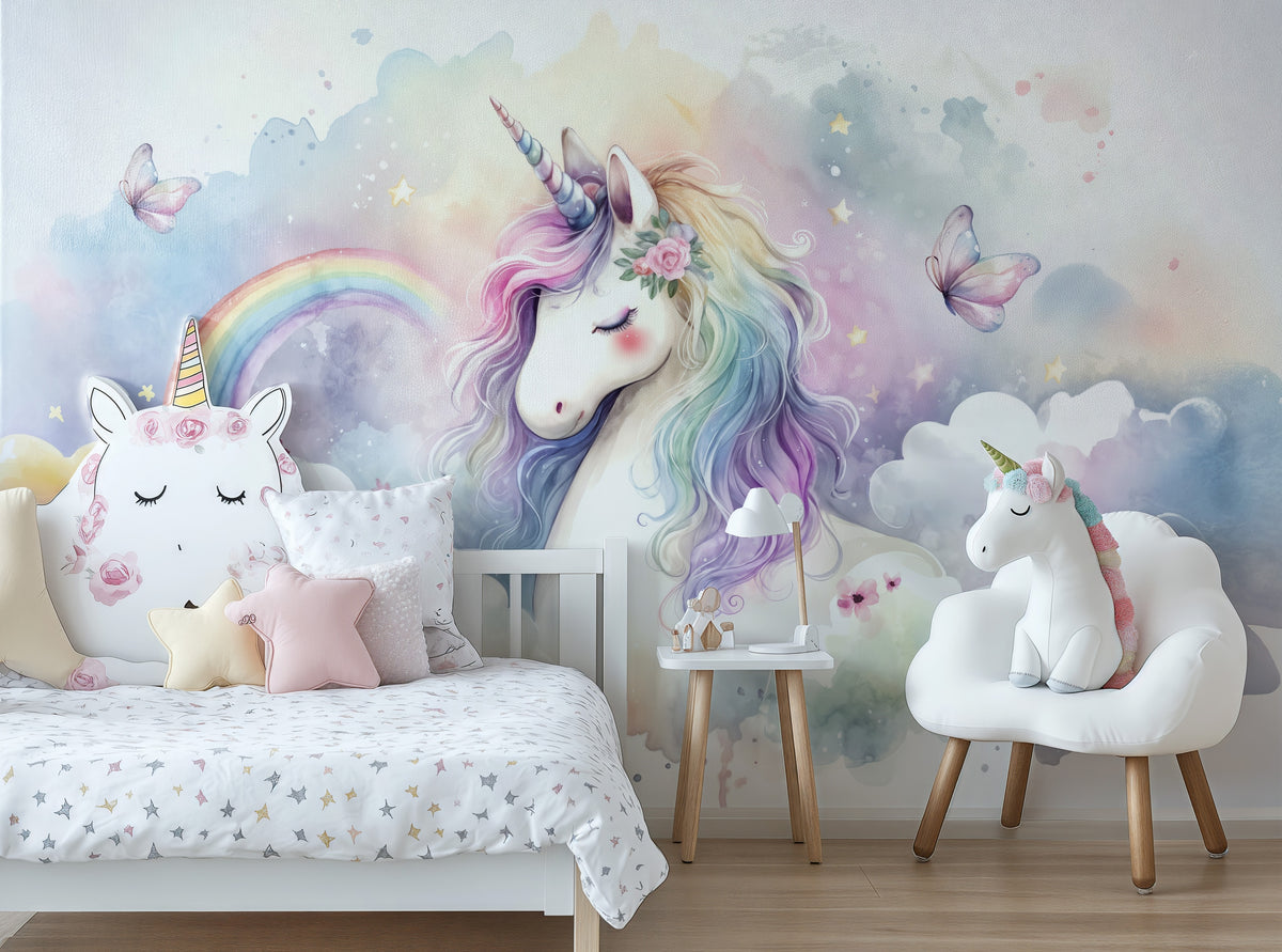Watercolor Unicorn & Rainbow Clouds wallpaper in a styled room, view 3
