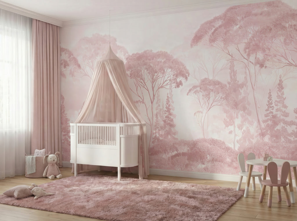 Pink Watercolor Forest wallpaper in a styled room, view 1