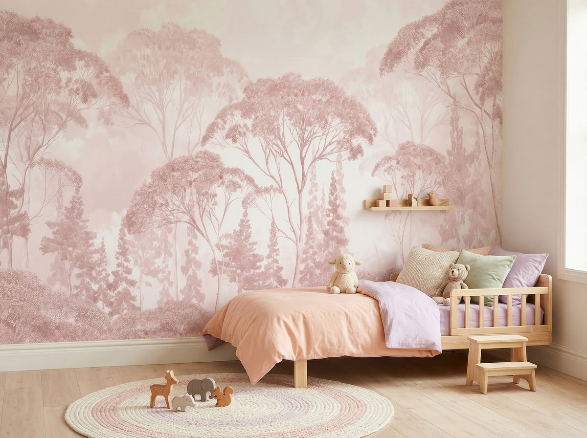 Pink Watercolor Forest wallpaper in a styled room, view 2