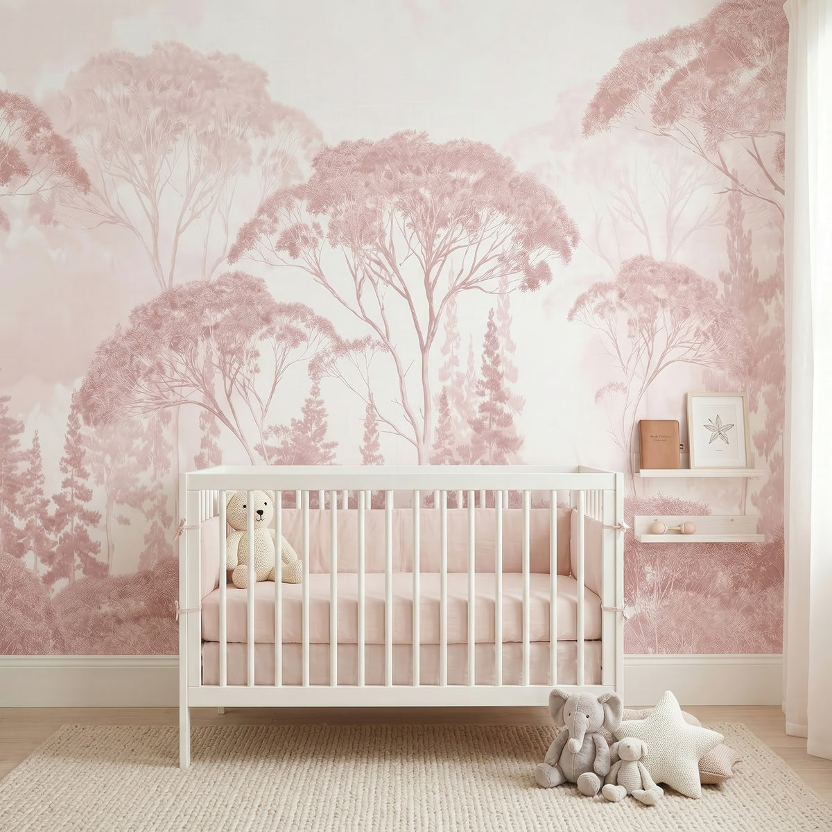 Pink Watercolor Forest wallpaper in a styled room, view 3