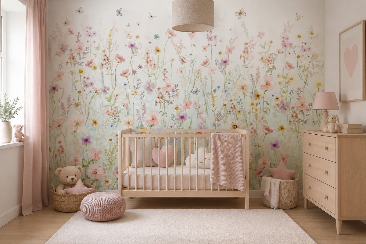 Pastel Wildflower Meadow wallpaper in a styled room, view 2