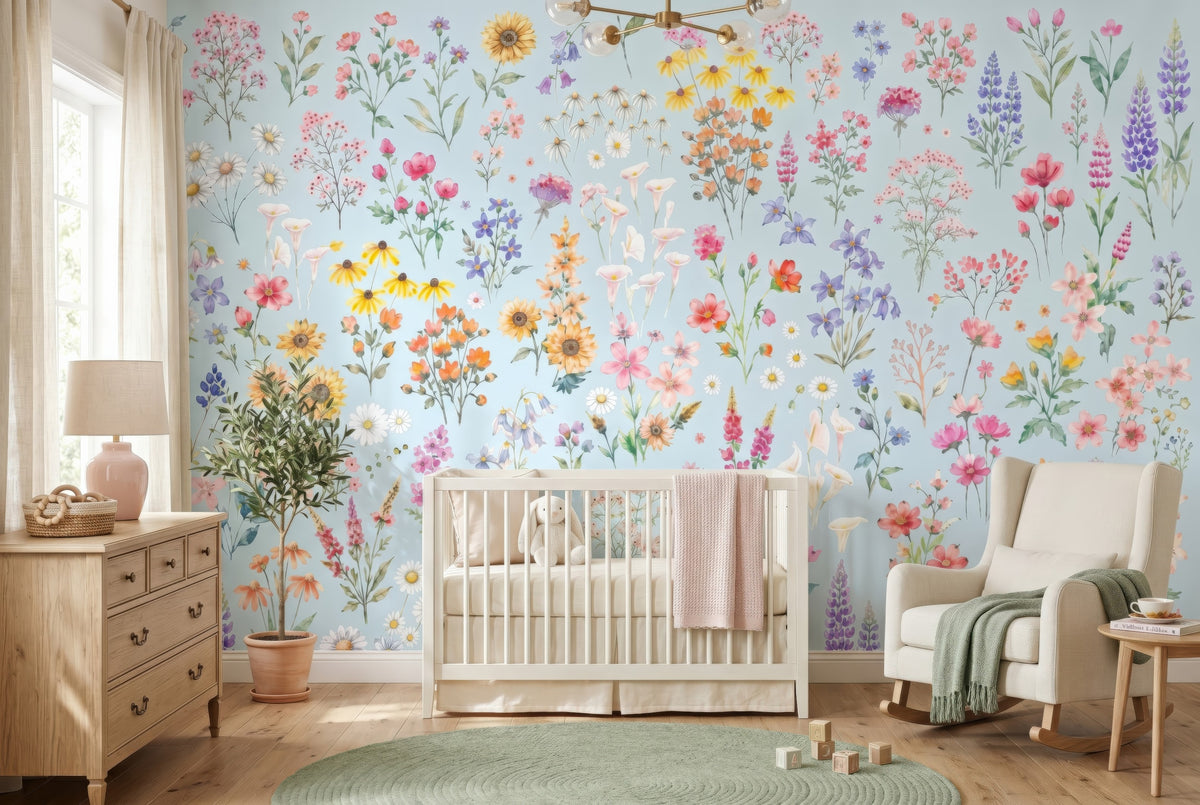 Wildflowers on Blue wallpaper in a styled room, view 1
