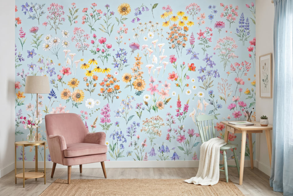 Wildflowers on Blue wallpaper in a styled room, view 2