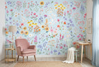 Wildflowers on Blue wallpaper in a styled room, view 2