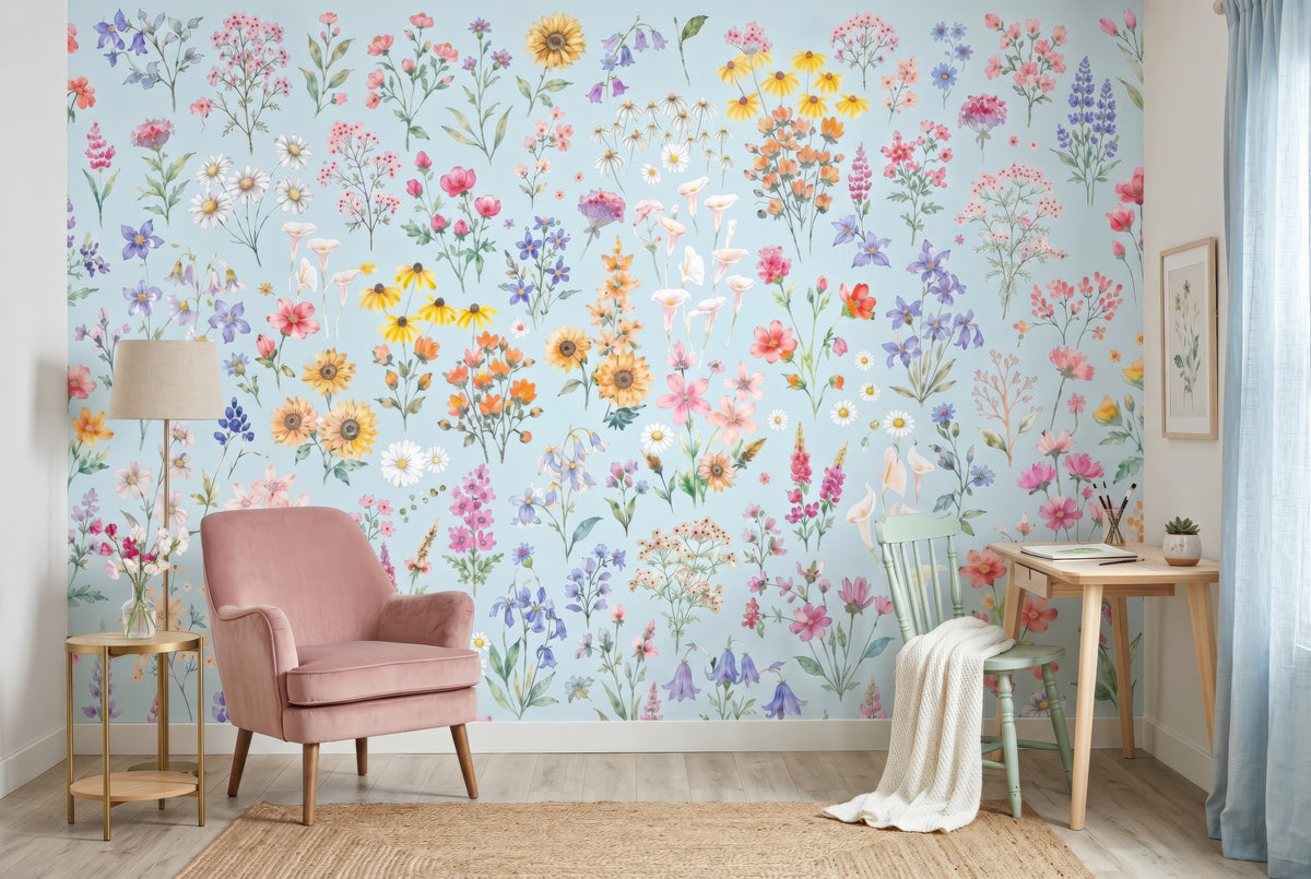 Wildflowers on Blue wallpaper in a styled room, view 2