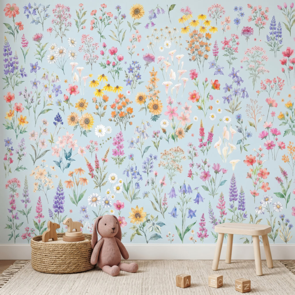 Wildflowers on Blue wallpaper in a styled room, view 3