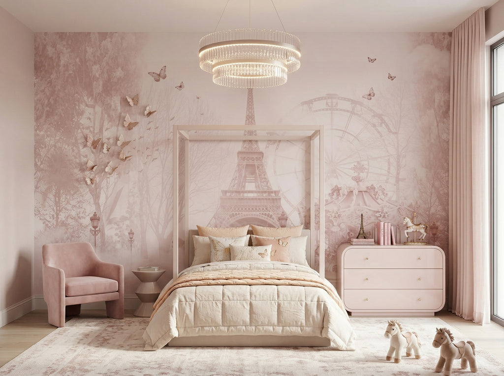 Blush Paris Cityscape wallpaper in a styled room, view 1