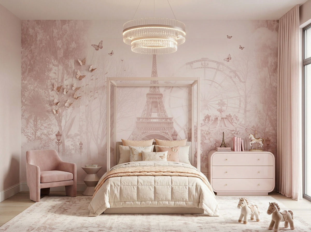 Blush Paris Cityscape wallpaper in a styled room, view 1