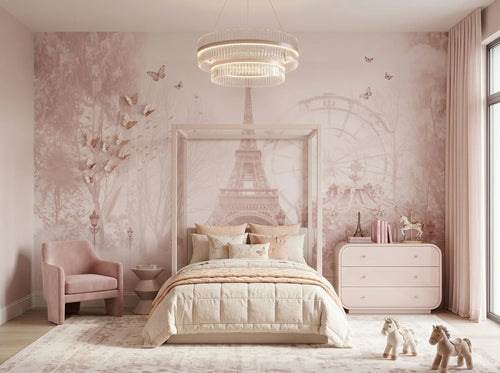 Blush Paris Cityscape wallpaper in a styled room, view 1