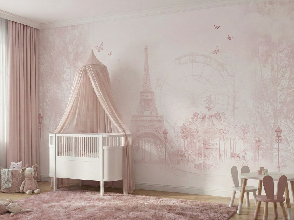 Blush Paris Cityscape wallpaper in a styled room, view 2