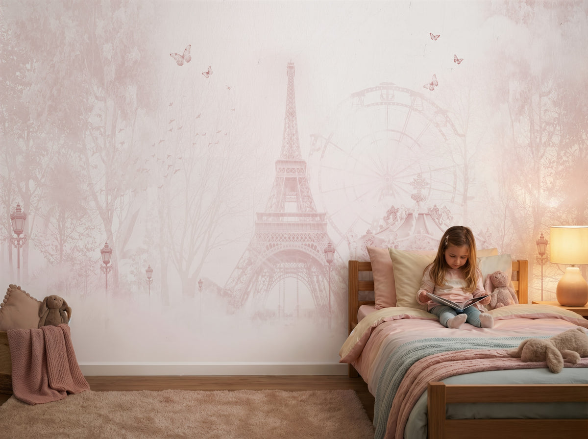 Blush Paris Cityscape wallpaper in a styled room, view 3
