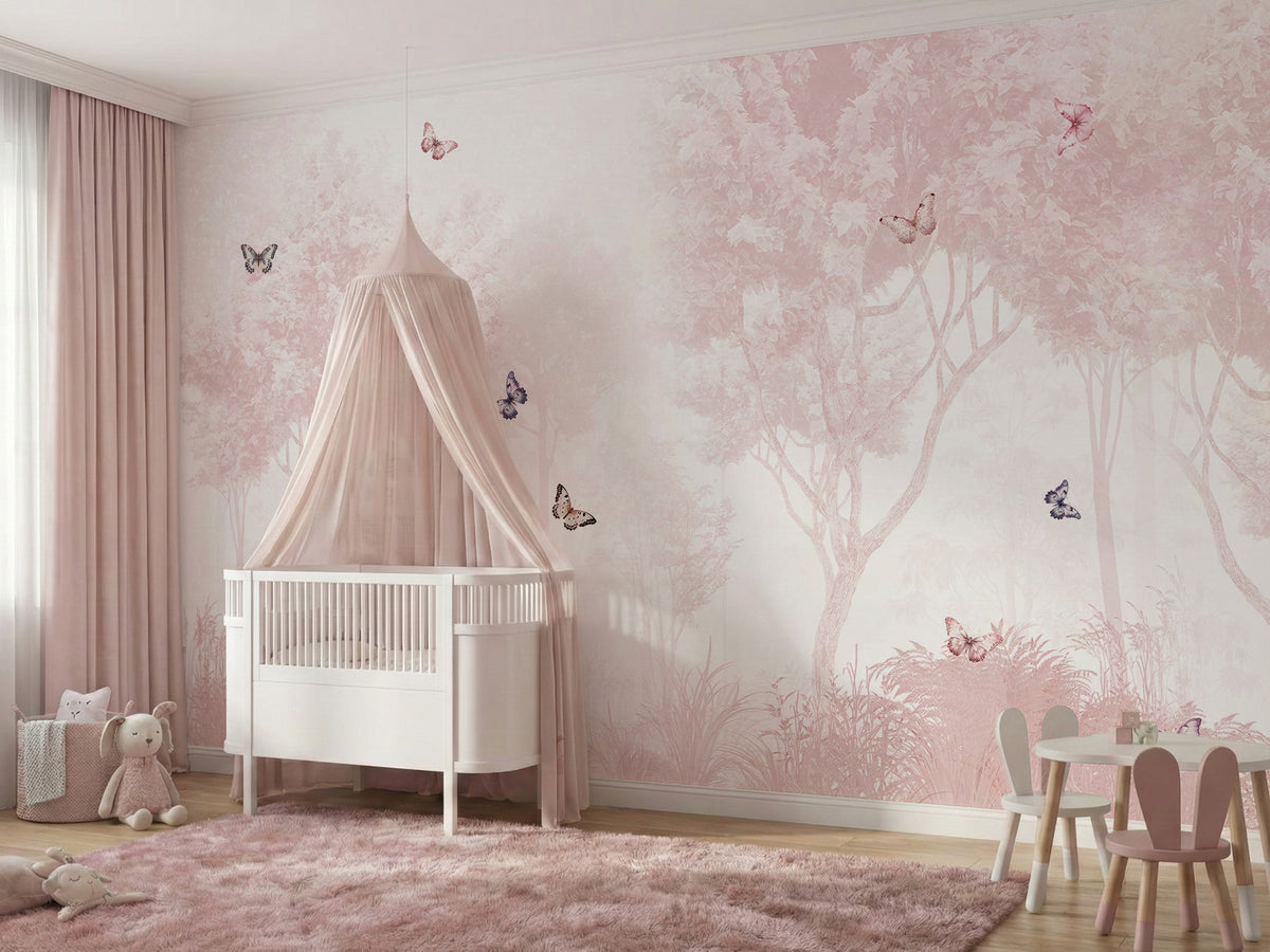 Pink Forest & Butterflies wallpaper in a styled room, view 1