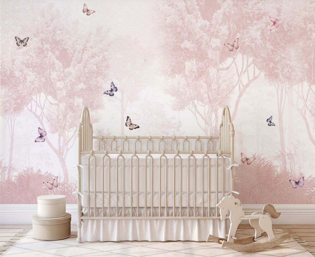 Pink Forest & Butterflies wallpaper in a styled room, view 2