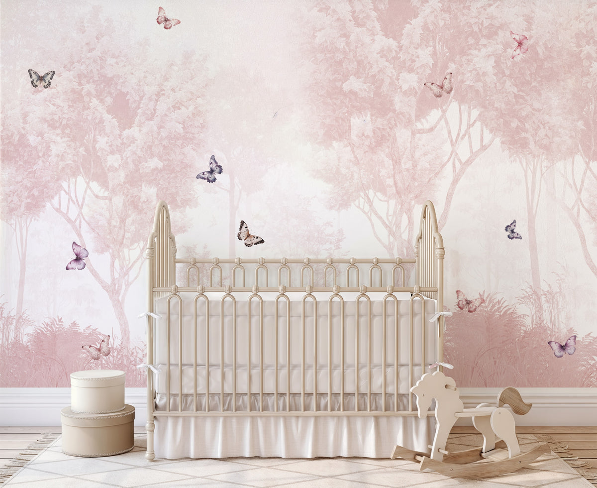 Pink Forest & Butterflies wallpaper in a styled room, view 2